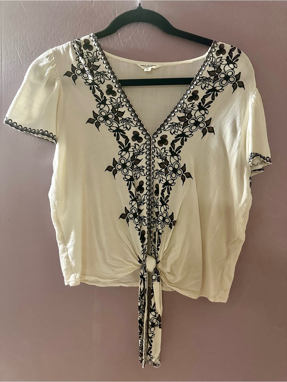 Max Studio Cream Short-Sleeve Tie-Front Blouse with Black Floral Embroidery